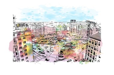 Baskı Binası, Milano 'nun simgesi olan İtalya' nın başkentidir. Vektörde elle çizilmiş resim ile suluboya sıçraması.