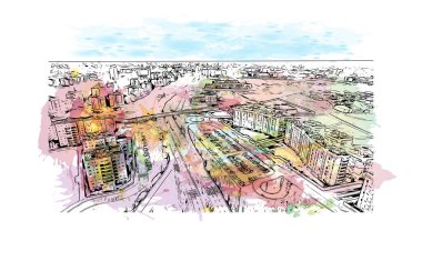 Baskı Binası, Milano 'nun simgesi olan İtalya' nın başkentidir. Vektörde elle çizilmiş resim ile suluboya sıçraması.