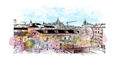 Baskı Binası, Milano 'nun simgesi olan İtalya' nın başkentidir. Vektörde elle çizilmiş resim ile suluboya sıçraması.