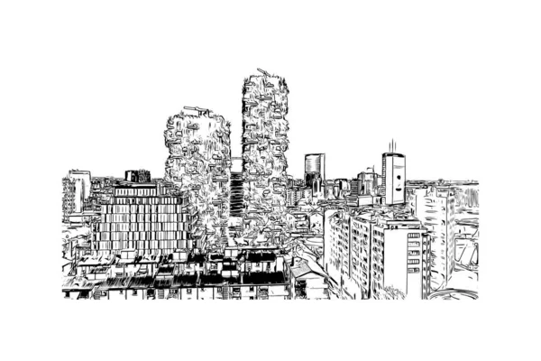 Imprimir Vista Del Edificio Con Hito Milán Ciudad Italia Dibujo — Vector de stock