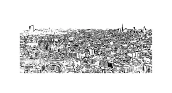印刷ミラノのランドマークとビルの景色はイタリアの街です 手描きのスケッチ図ベクトル — ストックベクタ