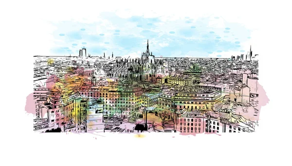 밀라노의 랜드마크가 전망은 이탈리아의 도시이다 벡터에 손으로 스케치 수채화 물보라 — 스톡 벡터