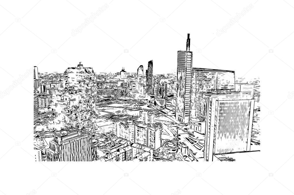 Print Building view with landmark of Milan is the city in Italy. Hand drawn sketch illustration in vector.