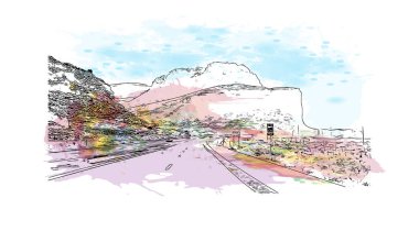 Moab 'ın simgesi olan Print Building Manzarası Utah şehridir. Vektörde elle çizilmiş resim ile suluboya sıçraması.