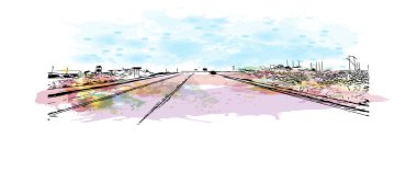 Moab 'ın simgesi olan Print Building Manzarası Utah şehridir. Vektörde elle çizilmiş resim ile suluboya sıçraması.