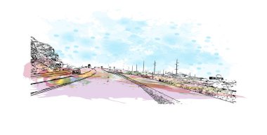 Moab 'ın simgesi olan Print Building Manzarası Utah şehridir. Vektörde elle çizilmiş resim ile suluboya sıçraması.