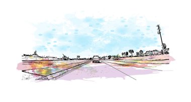 Mobile 'in simgesi olan Print Building View Teksas' ta bulunmaktadır. Vektörde elle çizilmiş resim ile suluboya sıçraması.