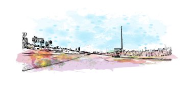 Mobile 'in simgesi olan Print Building View Teksas' ta bulunmaktadır. Vektörde elle çizilmiş resim ile suluboya sıçraması.