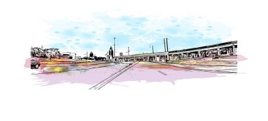 Mobile 'in simgesi olan Print Building View Teksas' ta bulunmaktadır. Vektörde elle çizilmiş resim ile suluboya sıçraması.