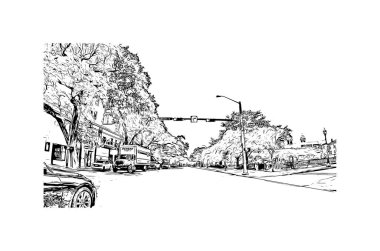 Mobile 'in simgesi olan Print Building View Teksas' ta bulunmaktadır. Vektörde elle çizilmiş çizim çizimi.