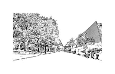 Mobile 'in simgesi olan Print Building View Teksas' ta bulunmaktadır. Vektörde elle çizilmiş çizim çizimi.