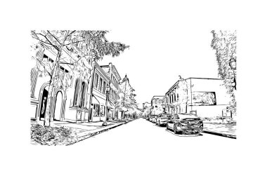 Mobile 'in simgesi olan Print Building View Teksas' ta bulunmaktadır. Vektörde elle çizilmiş çizim çizimi.