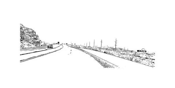 带有摩押地标的印刷建筑景观是犹他州的一座城市 矢量手绘草图 — 图库矢量图片