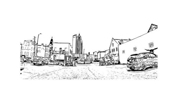 Print Building View Landmark Mobile Staden Texas Handritad Skiss Illustration — Stock vektor