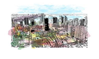 Miami 'nin simgesi olan Print Building Manzarası Florida' da bulunmaktadır. Vektörde elle çizilmiş resim ile suluboya sıçraması.