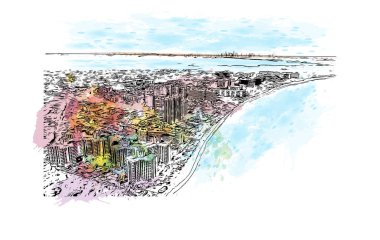 Miami 'nin simgesi olan Print Building Manzarası Florida' da bulunmaktadır. Vektörde elle çizilmiş resim ile suluboya sıçraması.