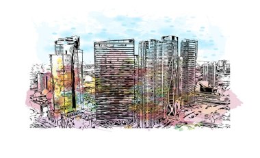 Miami 'nin simgesi olan Print Building Manzarası Florida' da bulunmaktadır. Vektörde elle çizilmiş resim ile suluboya sıçraması.