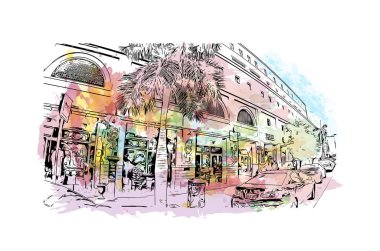 Miami 'nin simgesi olan Print Building Manzarası Florida' da bulunmaktadır. Vektörde elle çizilmiş resim ile suluboya sıçraması.