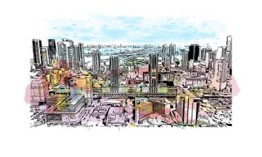 Miami 'nin simgesi olan Print Building Manzarası Florida' da bulunmaktadır. Vektörde elle çizilmiş resim ile suluboya sıçraması.