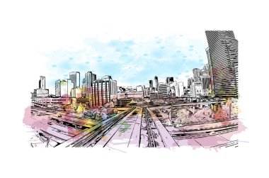 Miami 'nin simgesi olan Print Building Manzarası Florida' da bulunmaktadır. Vektörde elle çizilmiş resim ile suluboya sıçraması.