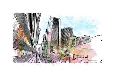Miami 'nin simgesi olan Print Building Manzarası Florida' da bulunmaktadır. Vektörde elle çizilmiş resim ile suluboya sıçraması.