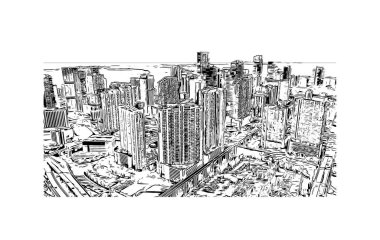 Miami 'nin simgesi olan Print Building Manzarası Florida' da bulunmaktadır. Vektörde elle çizilmiş çizim çizimi.