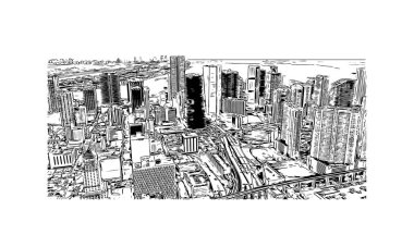 Miami 'nin simgesi olan Print Building Manzarası Florida' da bulunmaktadır. Vektörde elle çizilmiş çizim çizimi.