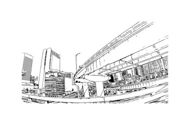 Miami 'nin simgesi olan Print Building Manzarası Florida' da bulunmaktadır. Vektörde elle çizilmiş çizim çizimi.