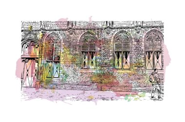 Hollanda 'nın başkenti Middelburg' un simgesi olan Print Building View 'dir. Vektörde elle çizilmiş resim ile suluboya sıçraması.