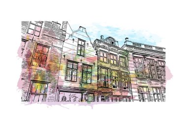 Hollanda 'nın başkenti Middelburg' un simgesi olan Print Building View 'dir. Vektörde elle çizilmiş resim ile suluboya sıçraması.