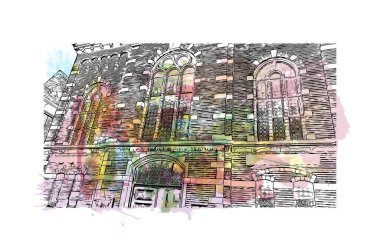 Hollanda 'nın başkenti Middelburg' un simgesi olan Print Building View 'dir. Vektörde elle çizilmiş resim ile suluboya sıçraması.