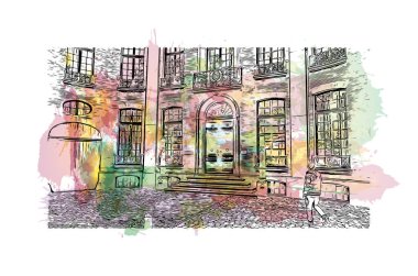 Hollanda 'nın başkenti Middelburg' un simgesi olan Print Building View 'dir. Vektörde elle çizilmiş resim ile suluboya sıçraması.