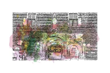 Hollanda 'nın başkenti Middelburg' un simgesi olan Print Building View 'dir. Vektörde elle çizilmiş resim ile suluboya sıçraması.