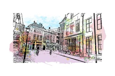 Hollanda 'nın başkenti Middelburg' un simgesi olan Print Building View 'dir. Vektörde elle çizilmiş resim ile suluboya sıçraması.