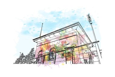 Hollanda 'nın başkenti Middelburg' un simgesi olan Print Building View 'dir. Vektörde elle çizilmiş resim ile suluboya sıçraması.