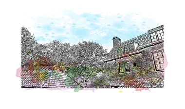 Hollanda 'nın başkenti Middelburg' un simgesi olan Print Building View 'dir. Vektörde elle çizilmiş resim ile suluboya sıçraması.