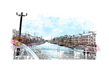 Hollanda 'nın başkenti Middelburg' un simgesi olan Print Building View 'dir. Vektörde elle çizilmiş resim ile suluboya sıçraması.