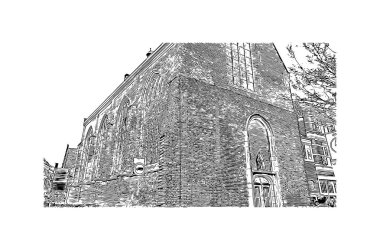 Hollanda 'nın başkenti Middelburg' un simgesi olan Print Building View 'dir. Vektörde elle çizilmiş çizim çizimi.