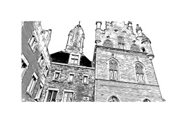 Hollanda 'nın başkenti Middelburg' un simgesi olan Print Building View 'dir. Vektörde elle çizilmiş çizim çizimi.