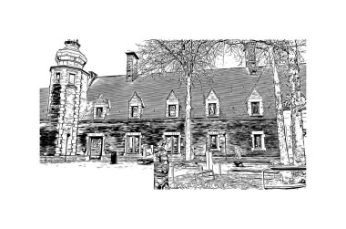 Hollanda 'nın başkenti Middelburg' un simgesi olan Print Building View 'dir. Vektörde elle çizilmiş çizim çizimi.