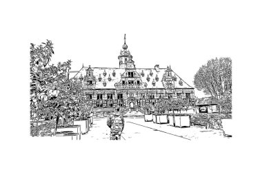Hollanda 'nın başkenti Middelburg' un simgesi olan Print Building View 'dir. Vektörde elle çizilmiş çizim çizimi.