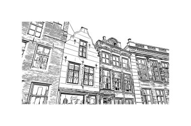Hollanda 'nın başkenti Middelburg' un simgesi olan Print Building View 'dir. Vektörde elle çizilmiş çizim çizimi.