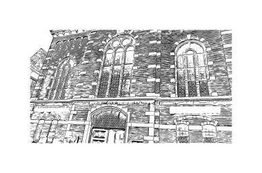 Hollanda 'nın başkenti Middelburg' un simgesi olan Print Building View 'dir. Vektörde elle çizilmiş çizim çizimi.