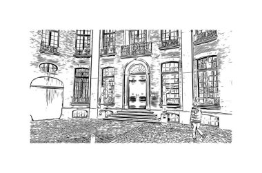Hollanda 'nın başkenti Middelburg' un simgesi olan Print Building View 'dir. Vektörde elle çizilmiş çizim çizimi.