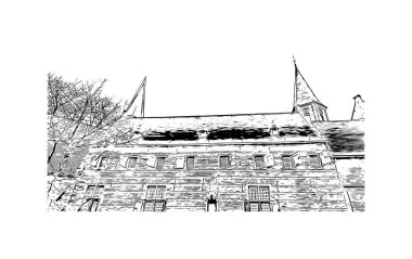 Hollanda 'nın başkenti Middelburg' un simgesi olan Print Building View 'dir. Vektörde elle çizilmiş çizim çizimi.