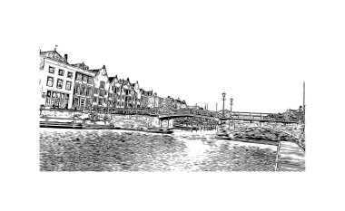 Hollanda 'nın başkenti Middelburg' un simgesi olan Print Building View 'dir. Vektörde elle çizilmiş çizim çizimi.