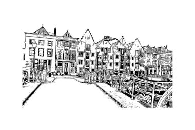 Hollanda 'nın başkenti Middelburg' un simgesi olan Print Building View 'dir. Vektörde elle çizilmiş çizim çizimi.
