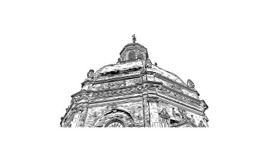 Hollanda 'nın başkenti Middelburg' un simgesi olan Print Building View 'dir. Vektörde elle çizilmiş çizim çizimi.