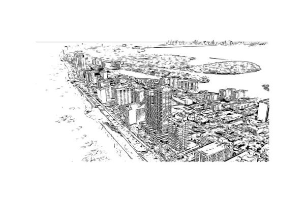 Print Building View Landmark Miami City Florida Hand Drawn Sketch — Stock Vector