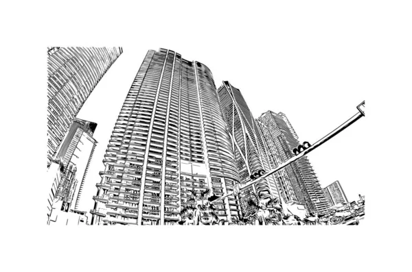 Print Building View Landmark Miami City Florida Ručně Kreslená Kresba — Stockový vektor